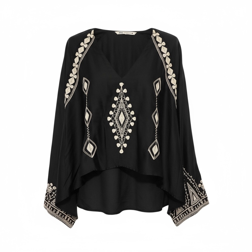 Zara Black Blouse with Cream Embroidery